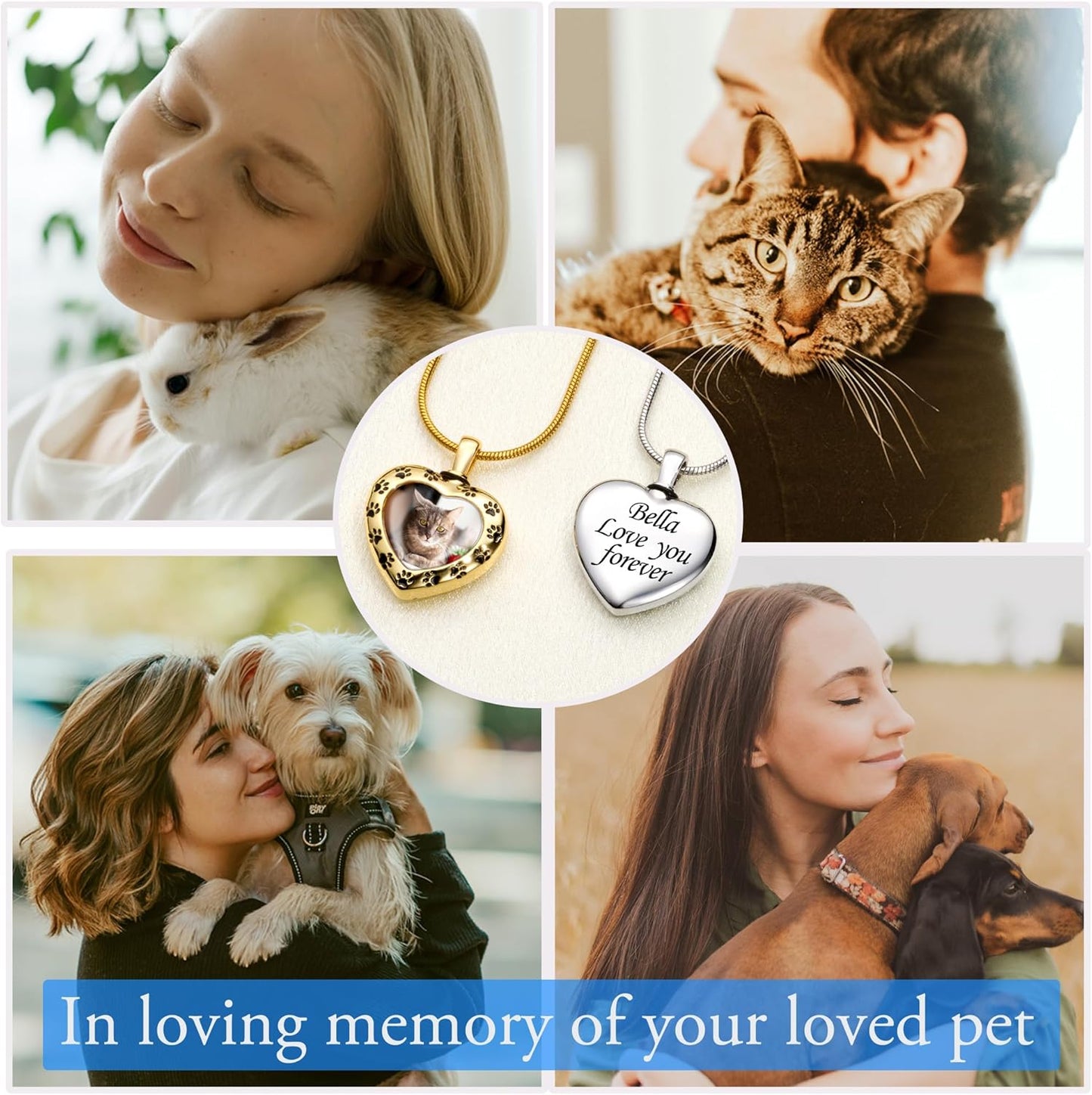 Fanery Sue Personalized Pet Ashes Necklace for Dog Cat Custom Photo&Text Pet Loss Sympathy Gift Cremation Jewelry