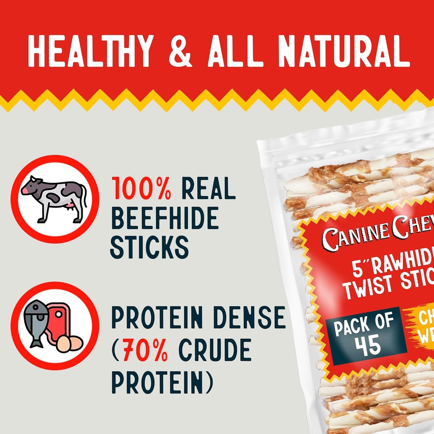 Canine Chews Chicken-Wrapped Rawhide Twists for Dogs - Pack of 45 U.S.A. Sourced Chicken Wrapped Rawhide Dog Treats, Sticks for Dogs - Premium & Natural Beefhide Chews