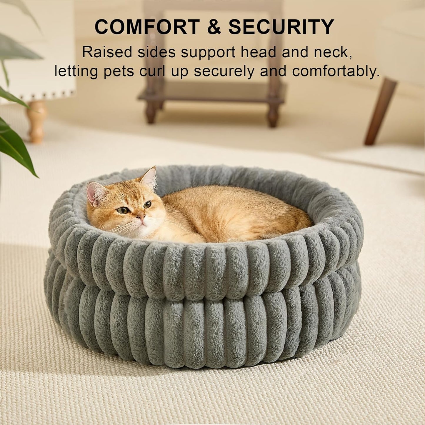 Cat Bed Kitten Bed, Washable Round Cat Beds for Indoor Cats, Super Soft Plush Faux Fur Pet Bed for Puppy and Kitten with Anti-Slip Bottom Small