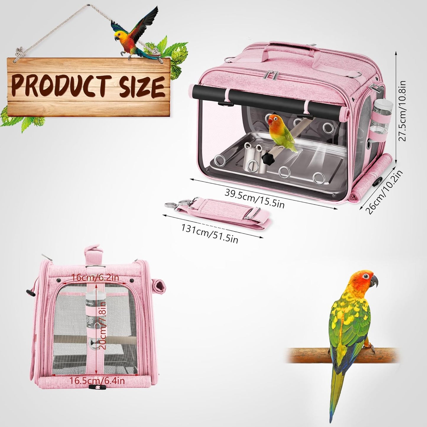 Suertree Bird Carrier Airline Approved, Bird Travel Cage with Indestructible Stainless Steel Mesh, Bird Travel Bag Lightweight and Portable with Water Bottle and Bowl