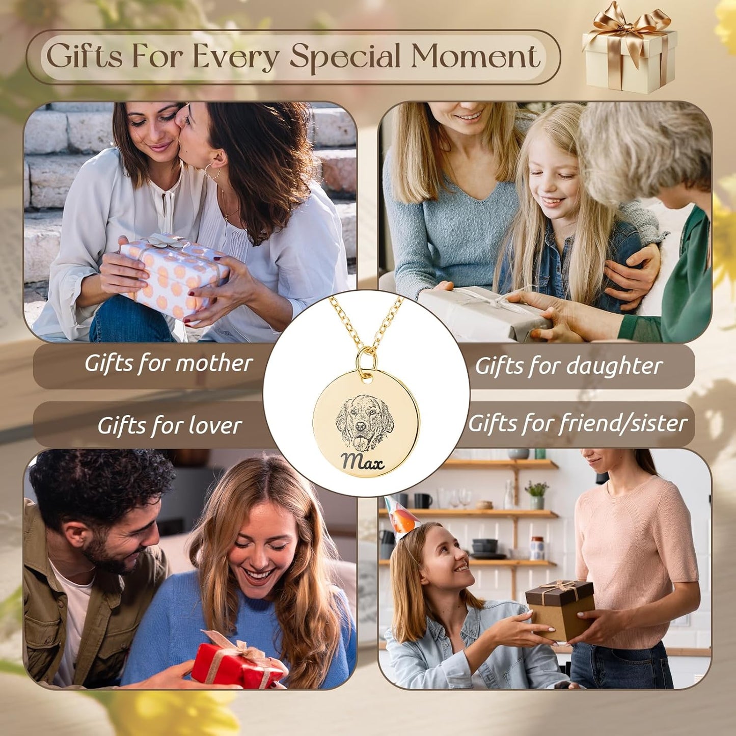 Personalized Pet Portrait Necklace Customized Pet Memorial Necklaces Dog Necklace for Women Custom Pets Necklaces Dog Memorial Jewelry for Cat Mom Dogs Dad (Gold 3 Portrait)