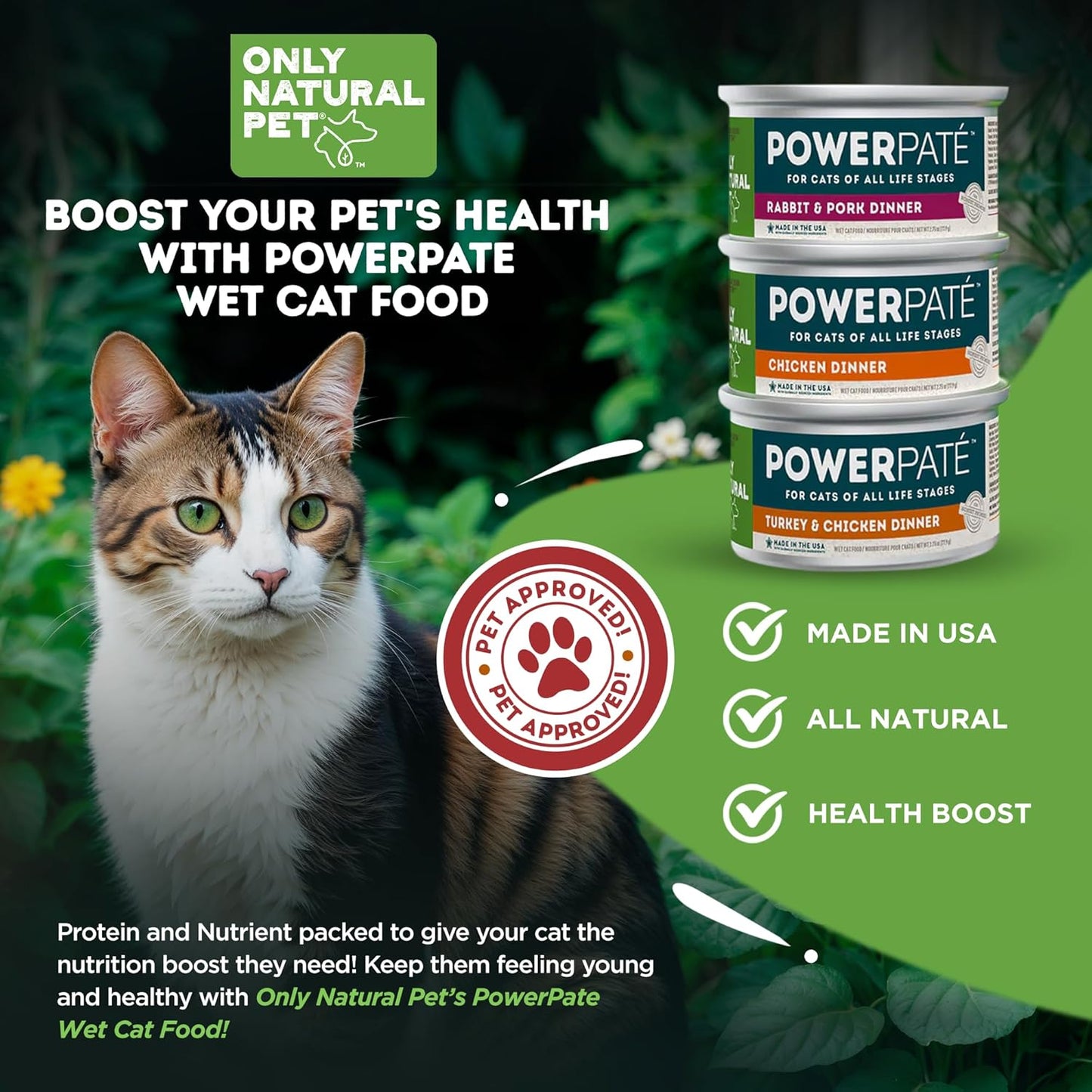 Only Natural Pet PowerPate Grain-Free Wet Cat Food - High Protein, Limited Ingredient Pate for Wellness (Chicken & Turkey, Rabbit & Pork, Chicken Dinner) Variety Pack, 2.75 oz Cans, Case of 12 (V)