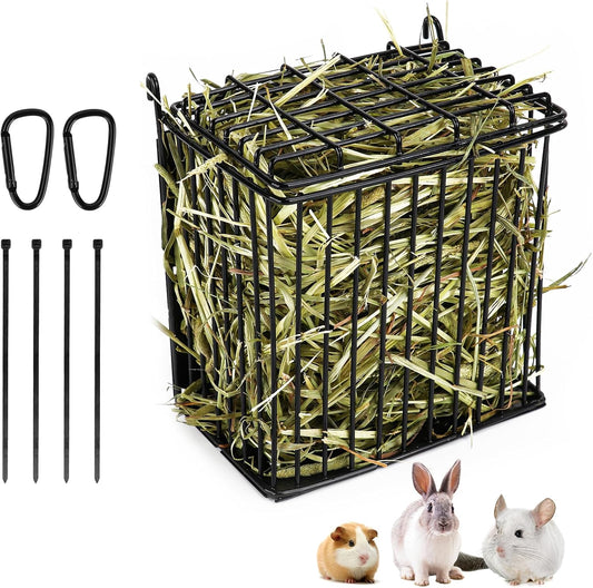 New Upgraded Rabbit Hay Feeder,Comes with Lid to Prevent Critters from Jumping in,Metal Frame Hay Rack with Adjustable Hook,for Rabbits Guinea Pigs Bunny Chinchillas Small Animals (Black)
