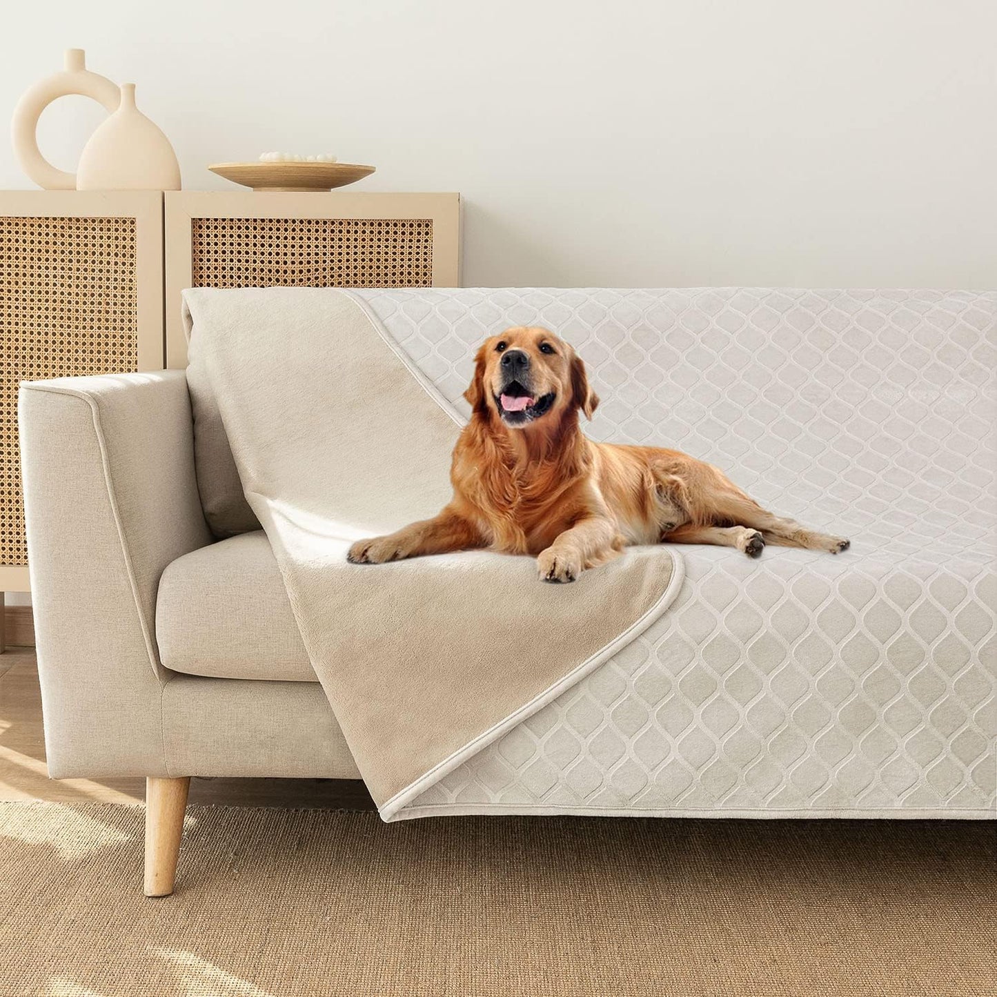 fuguitex Waterproof Dog Blanket Bed Cover Dog Crystal Velvet Moroccan Fuzzy Cozy Plush Pet Blanket Throw Blanket for Couch Sofa(82 * 82 inch, Cream+Beige)