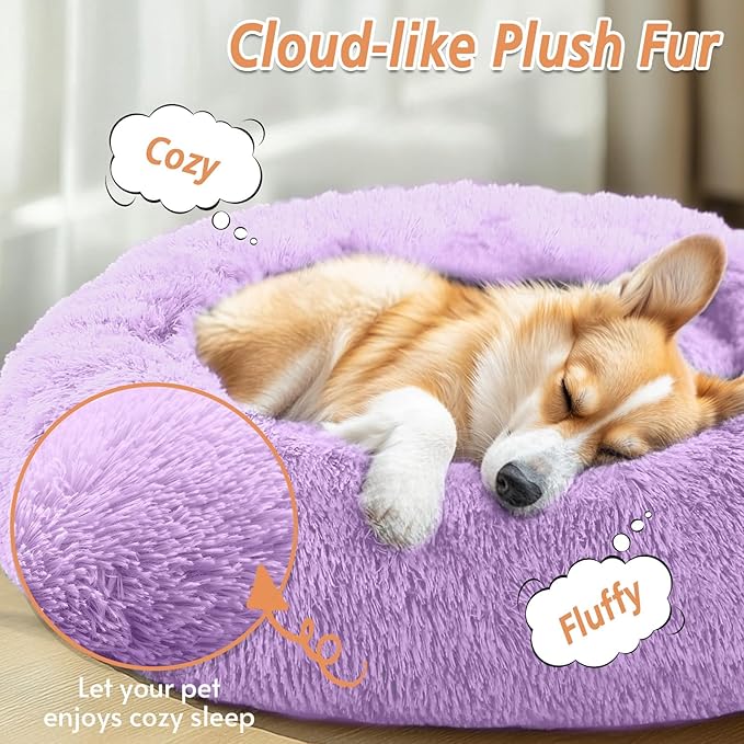JOLLYVOGUE Calming Dog & Cat Bed for Small Dogs, Anti-Anxiety Donut Cuddler Cozy Soft Round Bed with Anti-Slip Bottom, Fluffy Faux Fur Plush Cushion Beds for Small Medium Pets (23")