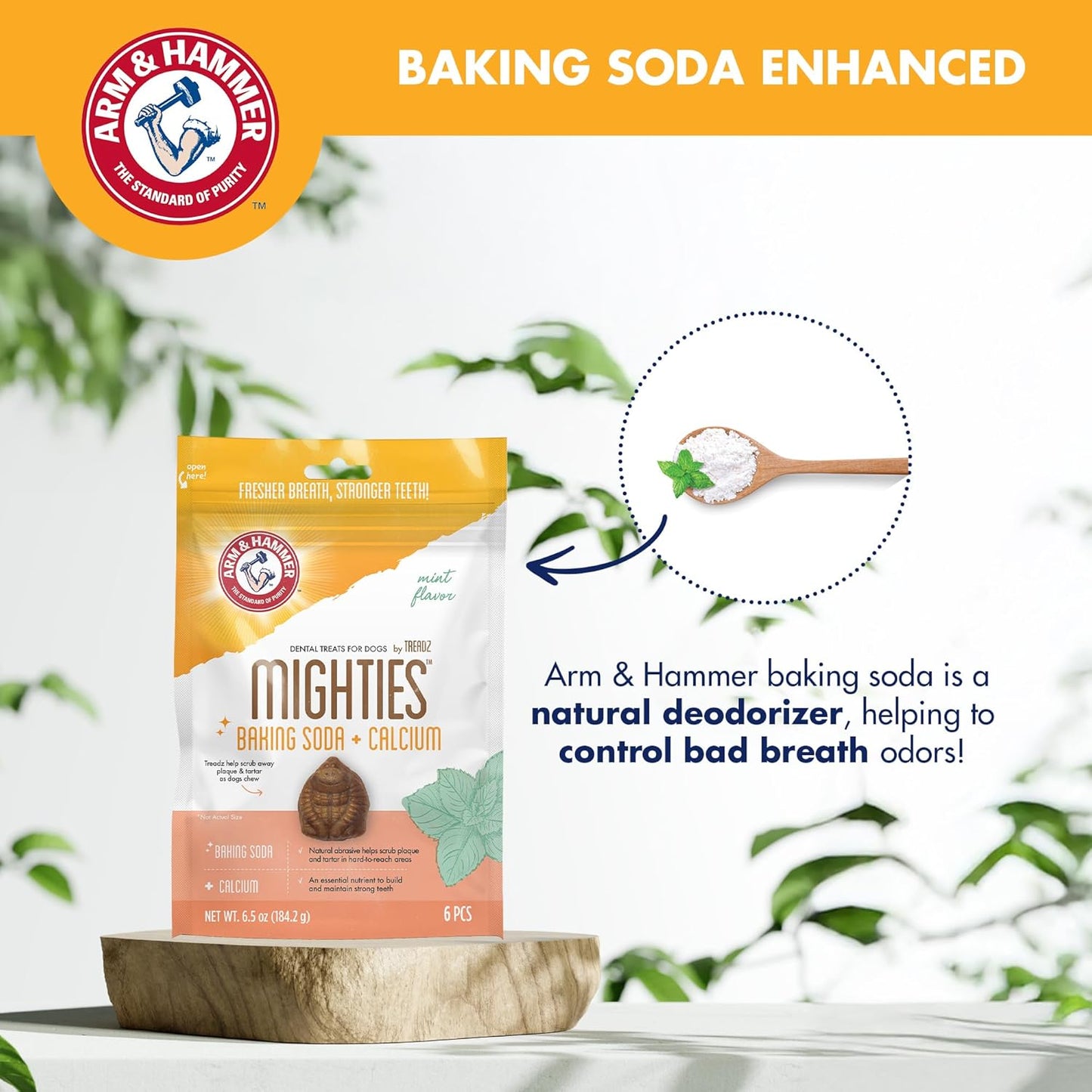 Arm & Hammer for Pets Mighties by TREADZ Dental Treats for Dogs with Baking Soda and Calcium, Help Fight Bad Breath, Plaque & Tartar without Brushing, Mint, Gorilla Shaped, 6 Pcs (Packaging may vary)