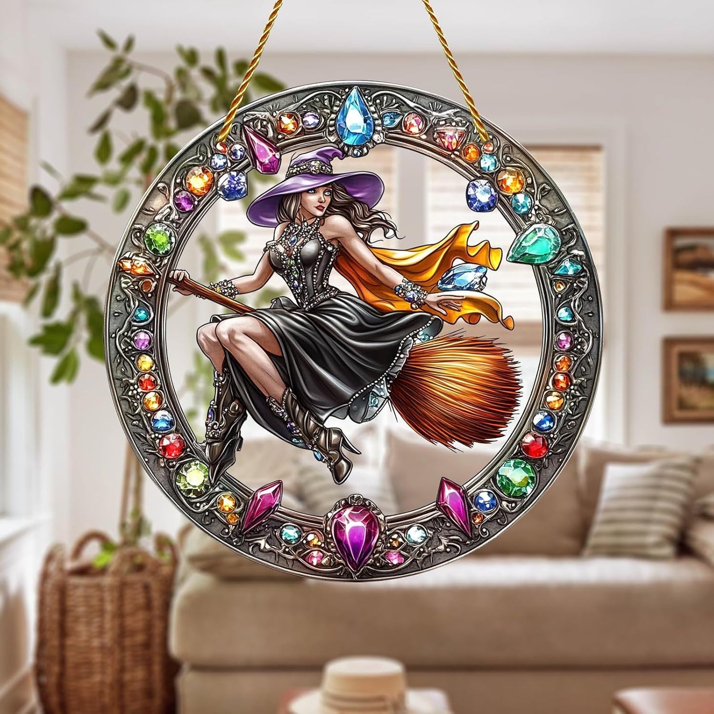 8x8 inch Charming The Witch Rides A Broom Acrylic Stained Glass Window Hanging Sun Catcher Decor Stained Panel Hangings Wall Art Decor, for Friends and Family (Witch Broom)