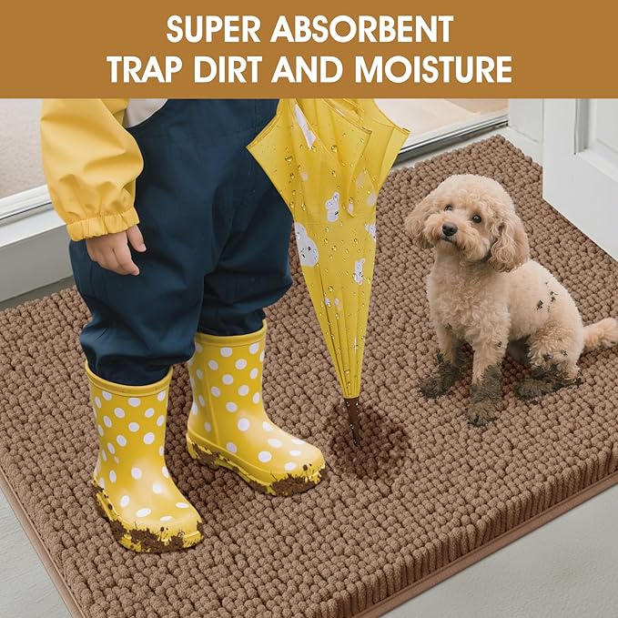 2 Pieces Muddy Door Mats for Dogs, Chenille Absorbent Pet Mats, Quick Dry, Trap Dirt Non Slip Heavy Indoor Doormat Soft Dog Bed Mat Front Inside Door Mat for Indoor Outdoor Entrance,Camel