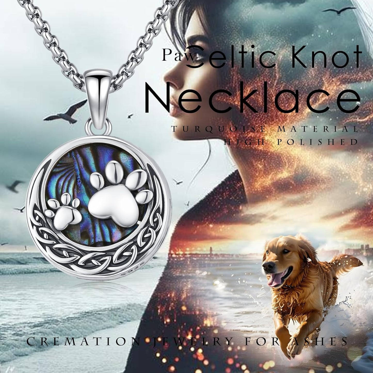 MEDWISE Celtic Urn Necklace for Ashes 925 Sterling Silver Paw Prints Necklace Abalone Shell Ashes Keepsake Memorial Urn Pendant Pet Cremation Jewelry for Ashes Memorial Jewelry for Dog Cat Pet