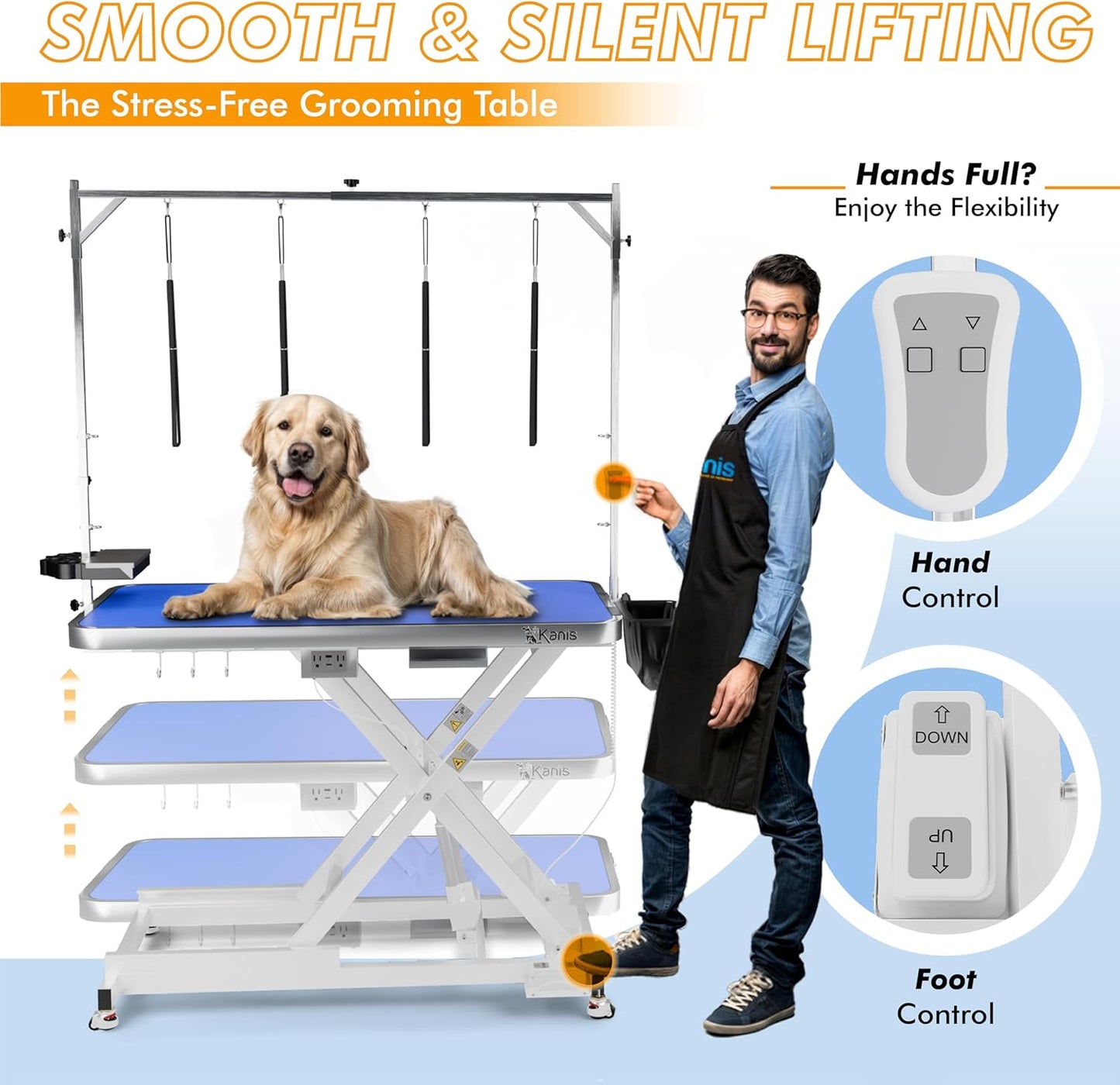 KANIS Professional Electric Dog Grooming Table - Heavy Duty, Height Adjustable Pet Grooming Table w/Leveling Wheels, Grooming Arm, Anti Slip Tabletop & Tool Organizer/Dog Grooming Station (49", WHITE)