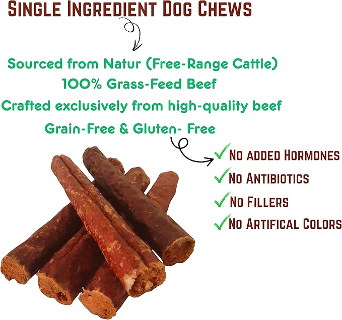 Beef Sausages Dog Treats, 100% Natural, 6" (5 Count) – Rawhide-Free, Long-Lasting Chews – Grass-Fed, High Protein, Single Ingredient, Grain-Free, Easily Digestible, Low Fat