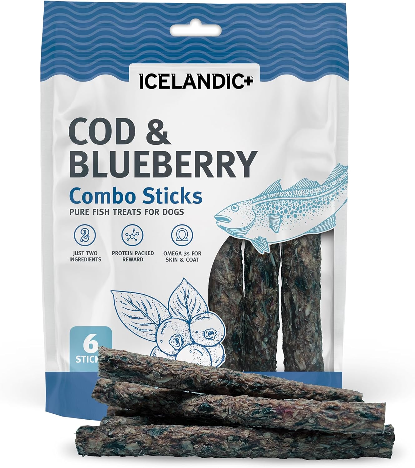 Icelandic+ Combo Sticks: Cod & Blueberry - 2oz - Dog Treats, Crunchy 2 Ingredient Pet Snacks, Preservative Free, Wild Caught Fish, Slow Baked, Natural