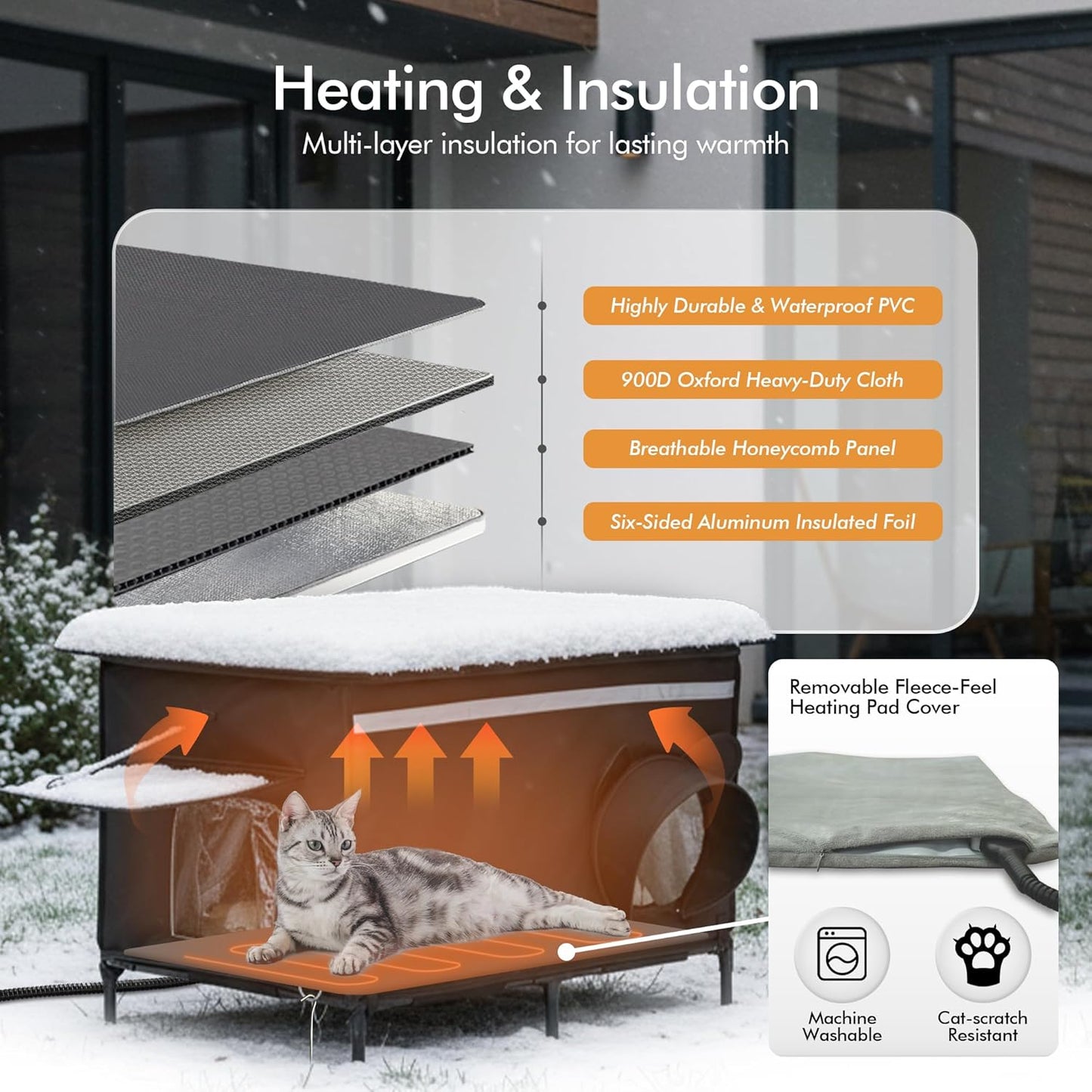 Heated Outdoor cat House for Outside, Weatherproof Insulated Feral Cat Shelter with Timer-Temp Control Heating Pad in Winter, Large Elevated Outdoor Cat House with Zipper, 2 Doors, Safety- Black