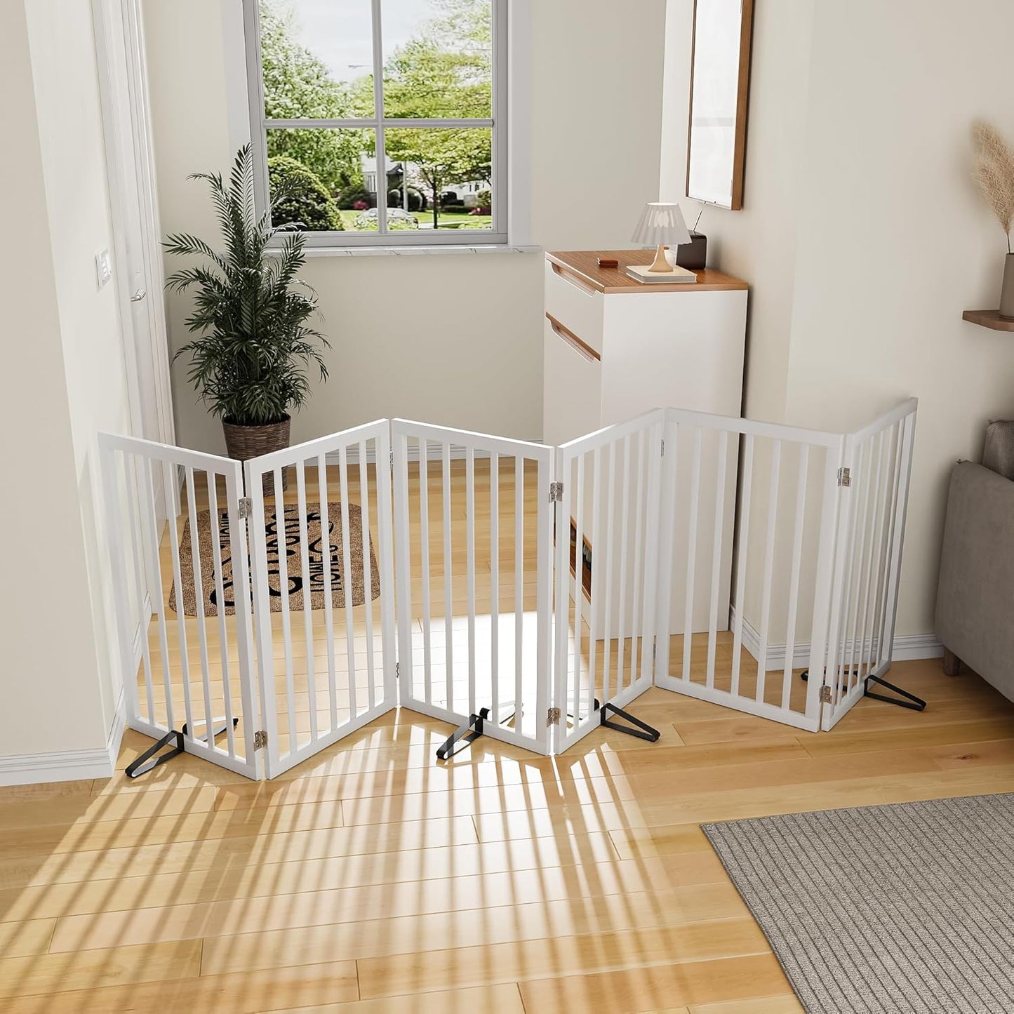 Dog Gate 32" Tall Freestanding Dog Gate for Doorways Foldable Pet Gate for Dogs Indoor (White,6 Panel)