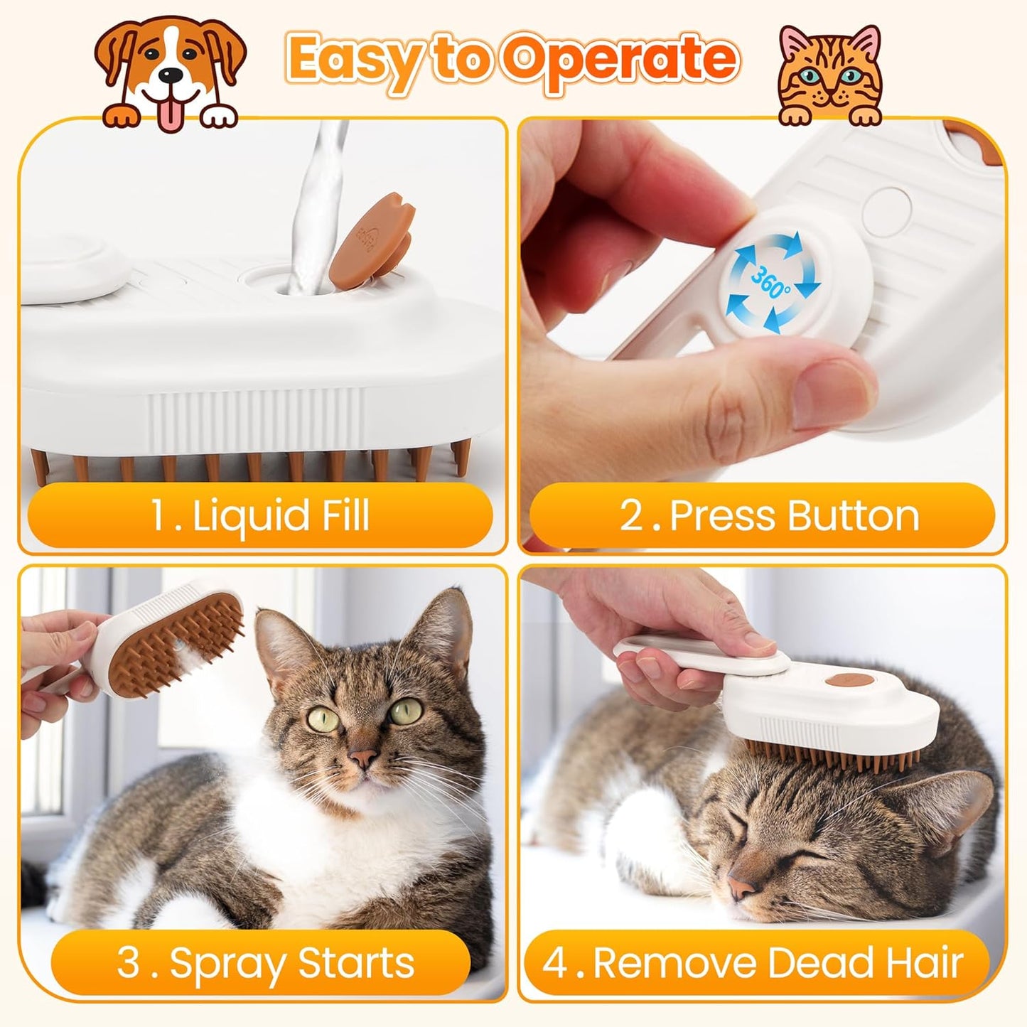 Cat Steam Brush for Shedding, 4-in-1 Rechargeable Steam Pet Brush for Cats & Dogs, Anti-Static, Gentle Fur Removal & Combing, Ideal for Short & Long Hair Pets, Easy to Use