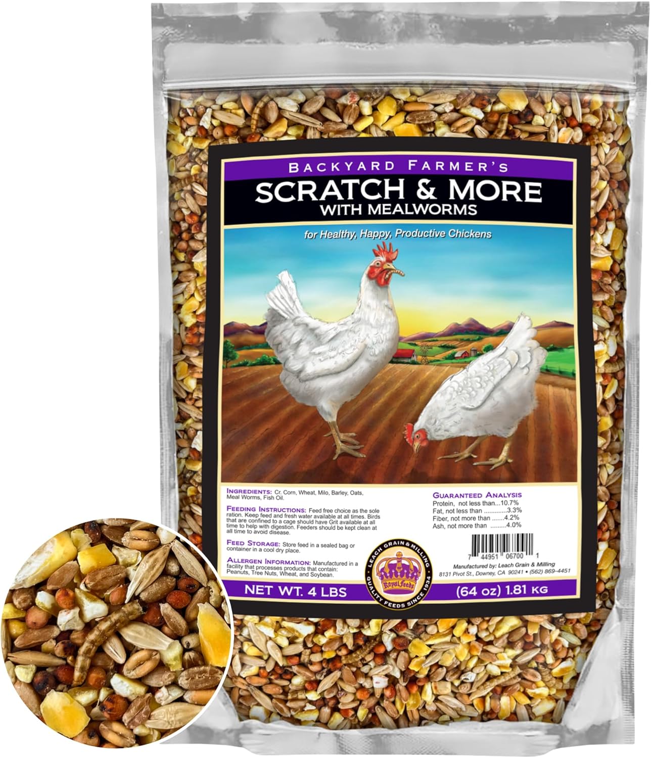 Scratch & More Chicken Feed - Enriched 5-Grain Mix with Mealworms & Fish Oil
