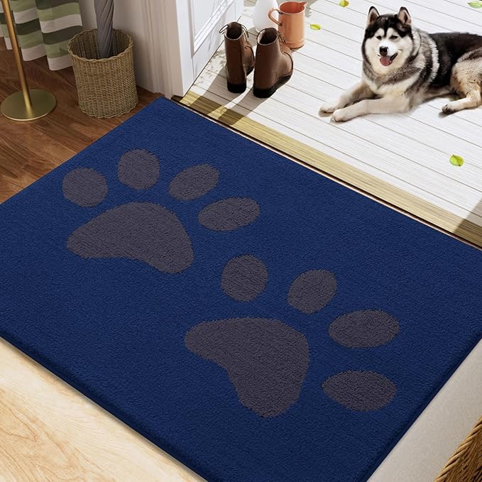 Buganda Dog Door Mat for Muddy Paws, Absorbent Dirt Trapper Washable Indoor Doormats, Non Slip Low-Profile Mud Mat for Dogs, Front Entrance Doormat for Inside Floor (40x32 Inches, Navy)