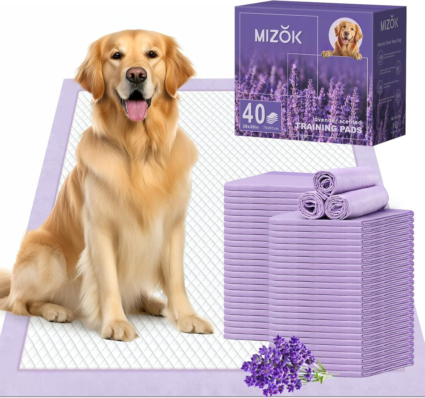 MIZOK Dog Pee Pads 30x36in, Pee Pads for Dogs XL Lavender Scented Odor Eliminating Super Absorbent Up to 10 Cups with 6-Layer Leak-Proof Quick-Dry Purple (40 Counts)