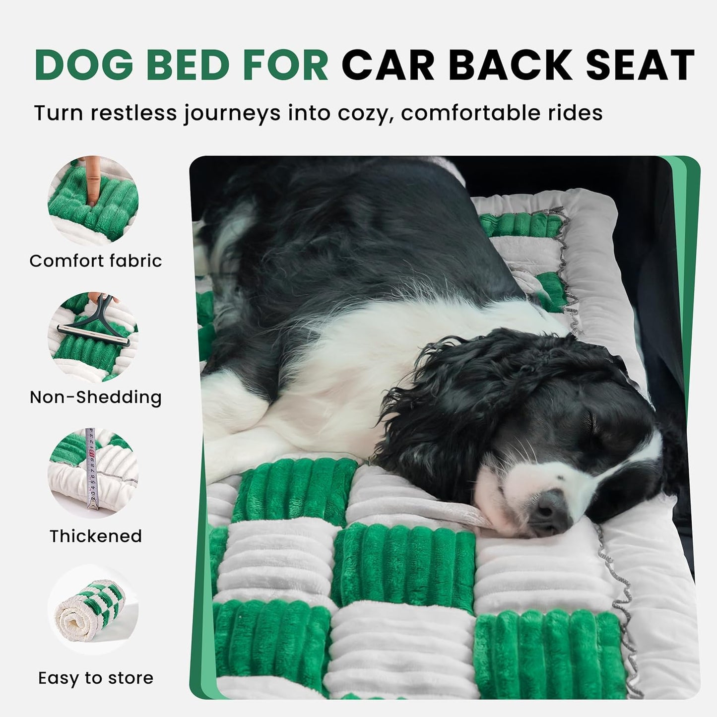 Backseat Dog Bed Mat for Car, Non-Slip Dog Bed for Car Back Seat, Soft & Cozy Dogs Blanket, Washable Travel Pet Mat Seat Protector for Cars, SUVs, Trucks (Green/White, 51.1"L x 23.6"W x 1.5"Th)