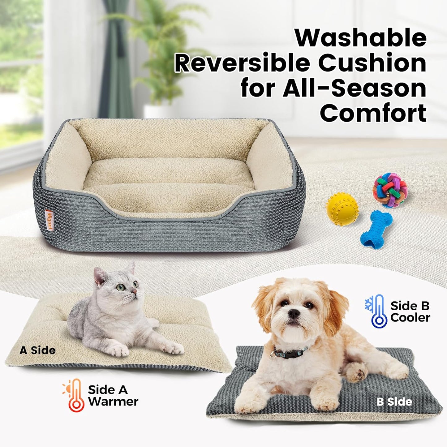 Miguel Dog Bed with Removable Cushion/Pillow for Medium Small Dogs, Washable Pet Bed with Side Easy to Wash Puppy Bed, Large Rectangle Cat Bed for Indoor Cat with Anti-Slip Bottom, Gray 35 Inch