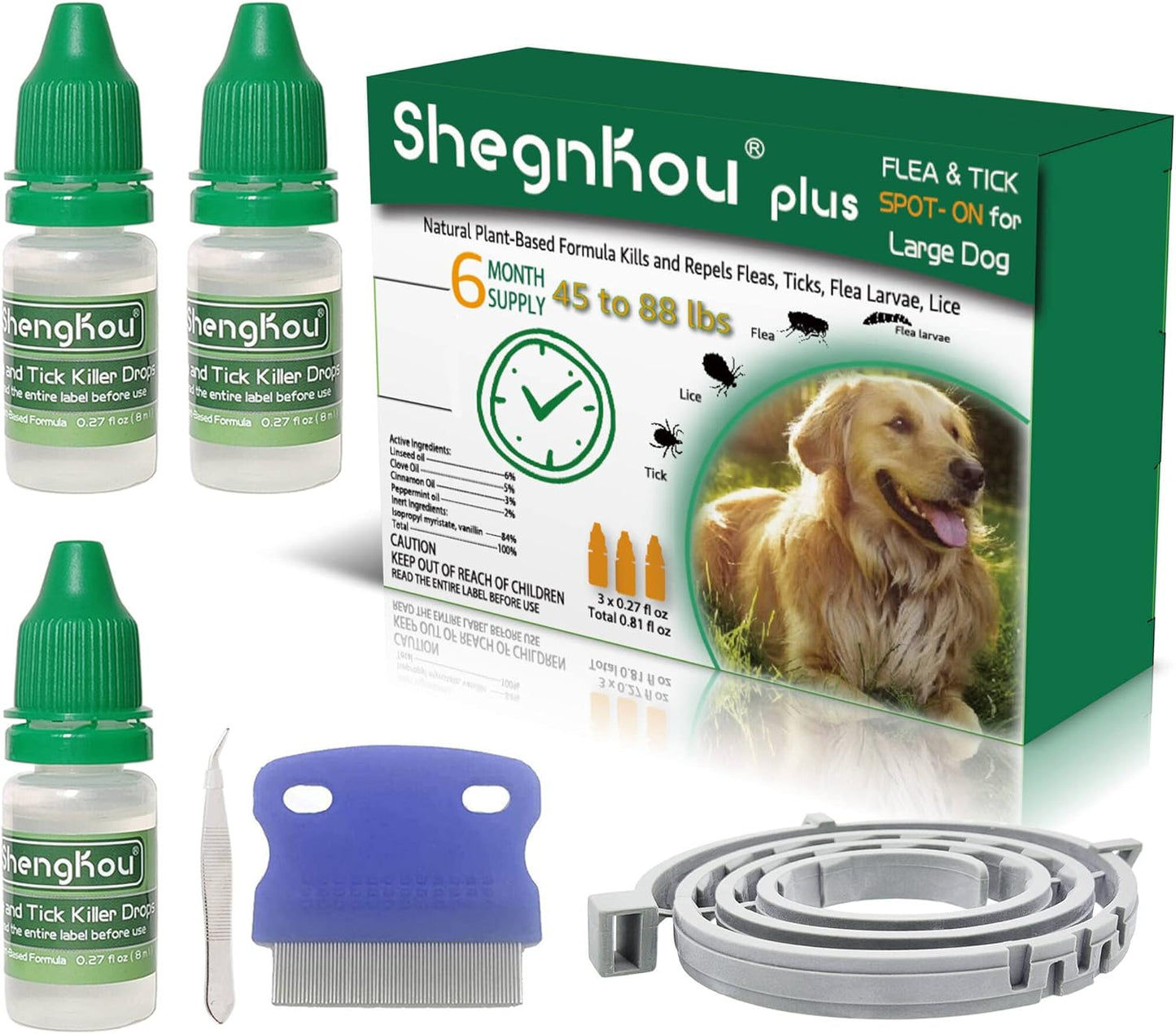 Natural Flea & Tick Treatment for Large Dogs (45-88 lbs) | 6-Month Protection + Free Tools | Vet-Reviewed Formula