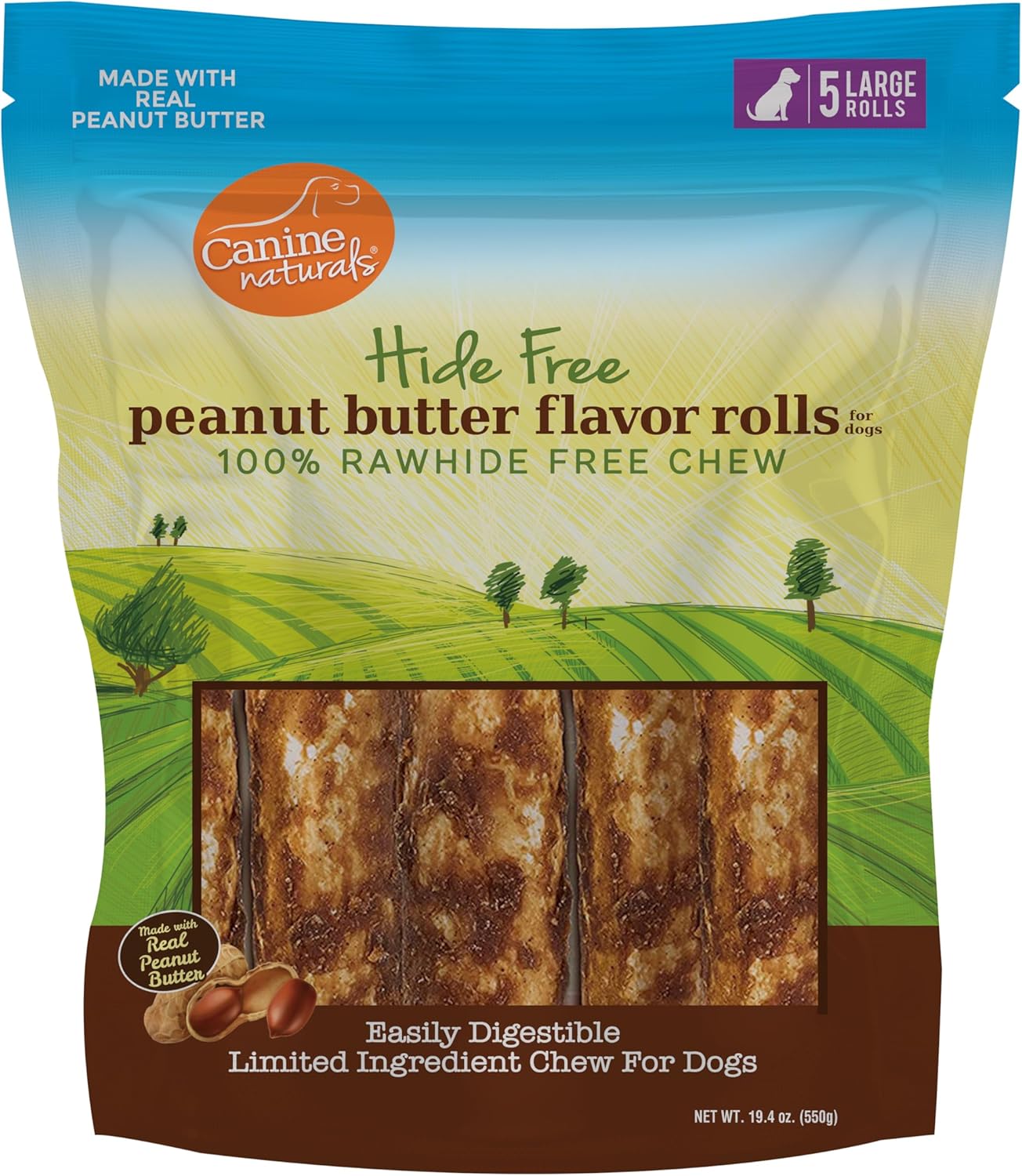 Canine Naturals Peanut Butter Chew - 100% Rawhide Free Dog Treats - Made with Real Peanut Butter - All-Natural and Easily Digestible - 5 Pack of 7 Inch Large Rolls for Dogs 50-75lb