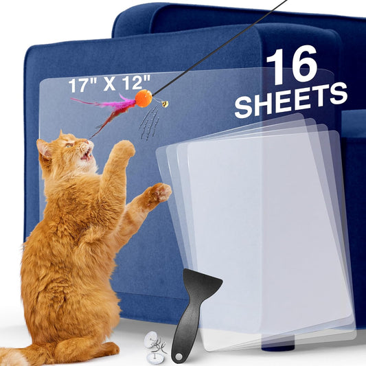 Anti Cat Scratch Furniture Protector and Couch Corner Guard, Clear Deterrent Tape, Pet-Safe, Residue-Free, Durable for Cats on Leather & Fabric, 16 XL Sheets with 65 Pins & Toy