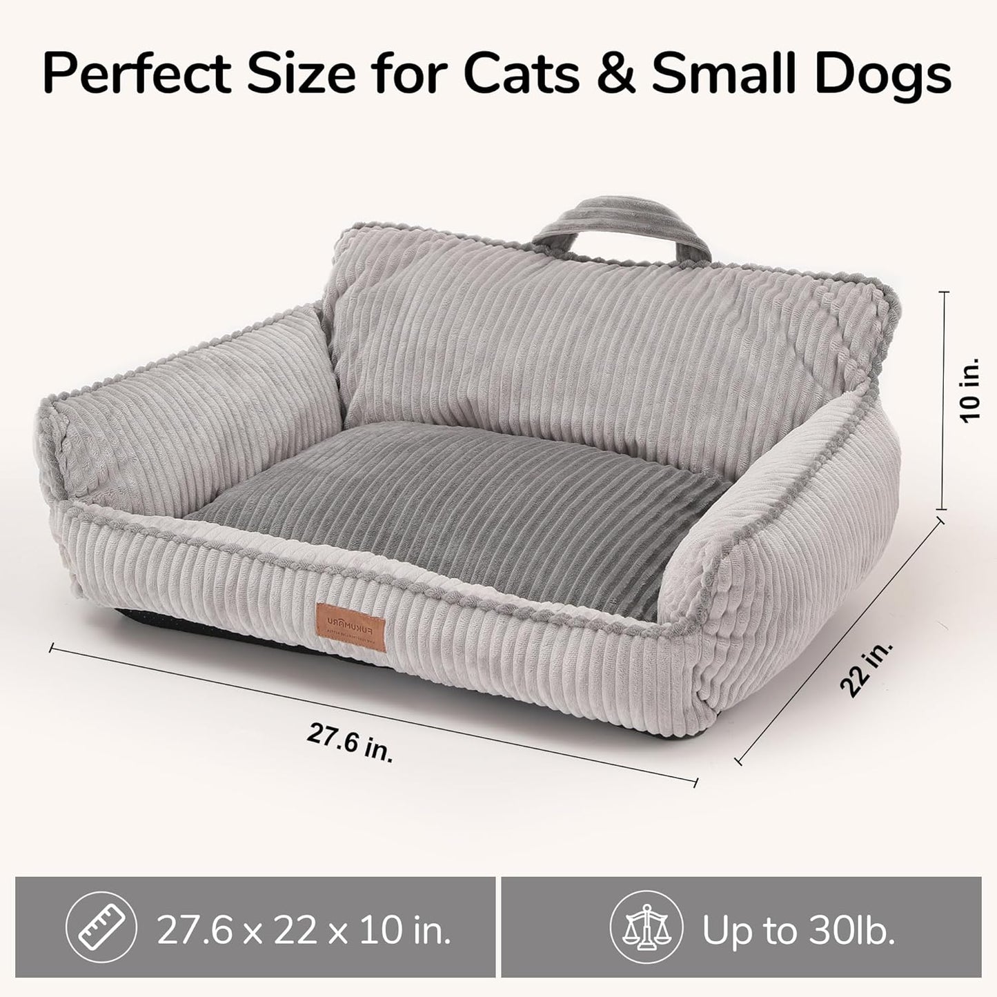 FUKUMARU Cat Couch Bed, Fluffy Corduroy Cat Beds for Indoor Cats with Washable Cover, Waterproof Small Dog Sofa Beds with Portable Handle and Anti-Slip Bottom, Pet Beds & Furniture 28inch, Grey
