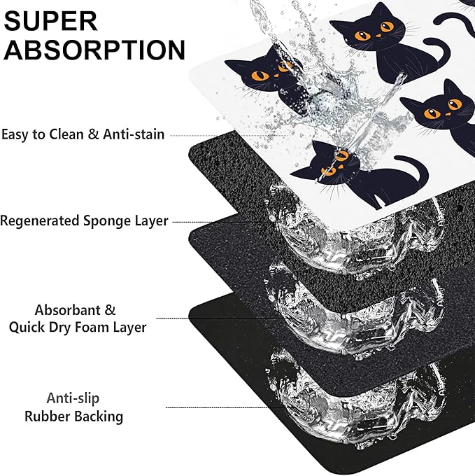 Cute Black Cats Dog Food Mat-Absorbent Pet Feeding Mat for Food and Water Bowl, Quick Dry Dog Placemat with Rubber Backing-No Stains Pet Supplies for Messy Drinkers 12"x20"
