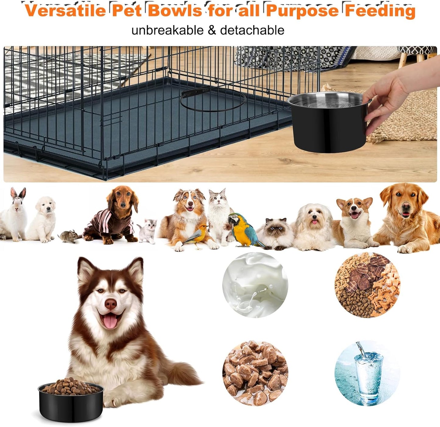 No Spill Water Bowl for Dogs, Sturdy Stainless Steel Dog Dishes 2 Pack with Dog Bowl Holder Hanging on Pet Cage Kennel Crate, Detachable Metal Food/Water Bowl Set for Medium/Large Dogs