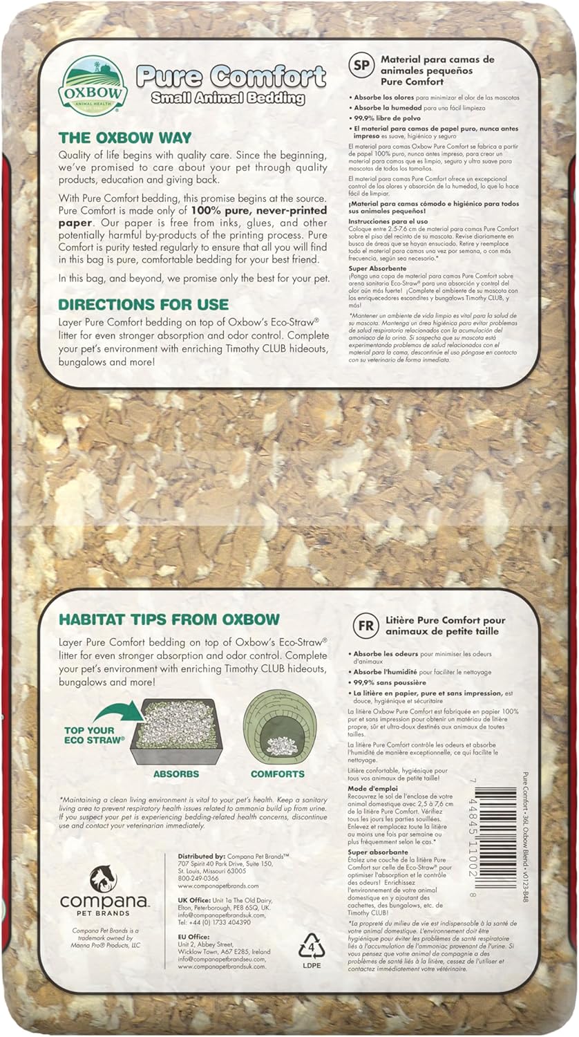 Oxbow Animal Health Pure Comfort Bedding, Rabbit, Hamster, & Guinea Pig Bedding, Bunny Supplies for Litter Box, Pet Safe, 99.9% Dust Free, Bunny Litter Box, Blend, 36 Liter Bag