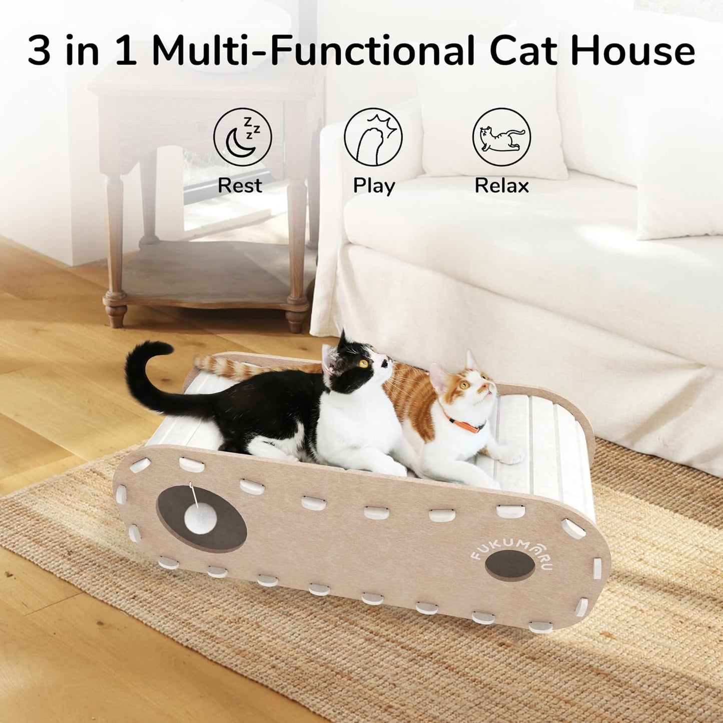FUKUMARU Cat Beds for Indoor Pets, 31.5 Inches Extra-Large Cat Cave for Multi-Pet, Cozy House with Fluffy Ball Hanging, Scratch Resistant Felt Kitten Hideaway Bed, Feline Tunnel, Beige
