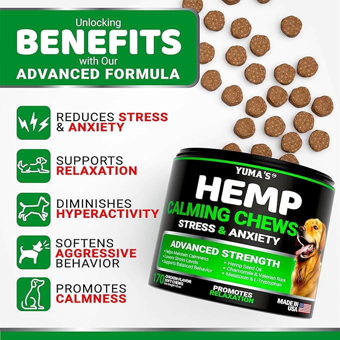 YUMA'S Hemp Calming Chews for Dogs - Advanced Dog Calming Chews - 170 Chews - Anxiety Relief Treats - Separation Aid, Barking, Stress Relief, Thunderstorms - Melatonin - Hemp Oil - Made in USA