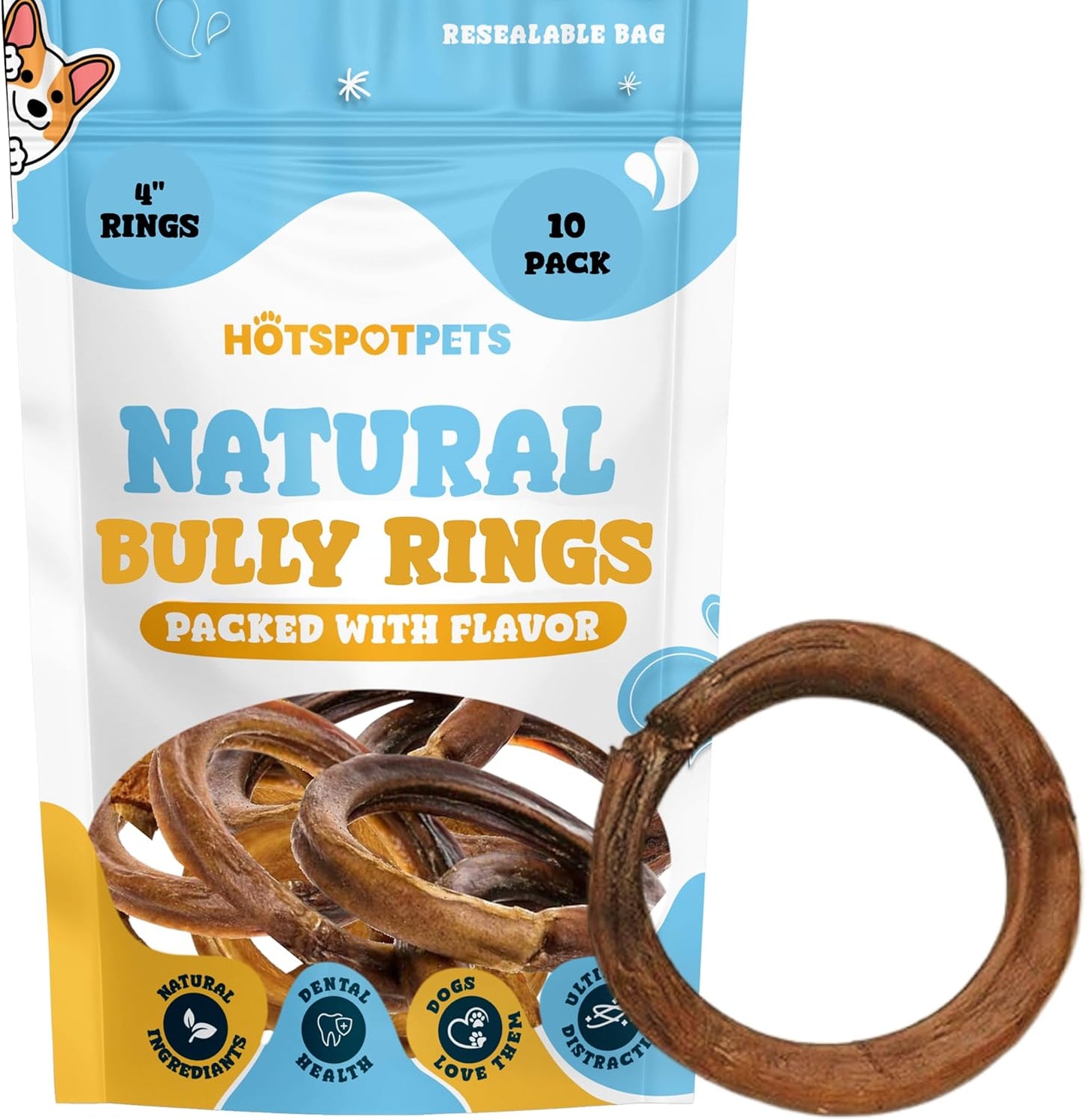hotspot pets Bully Stick Rings for Dogs (10 Pack) 4 Inch Circles- Premium All Natural Long Lasting Twisted Beef Pizzle Dog Chew Treats - Grain Free, Fully Digestible, Rawhide Alternative Thick Chews