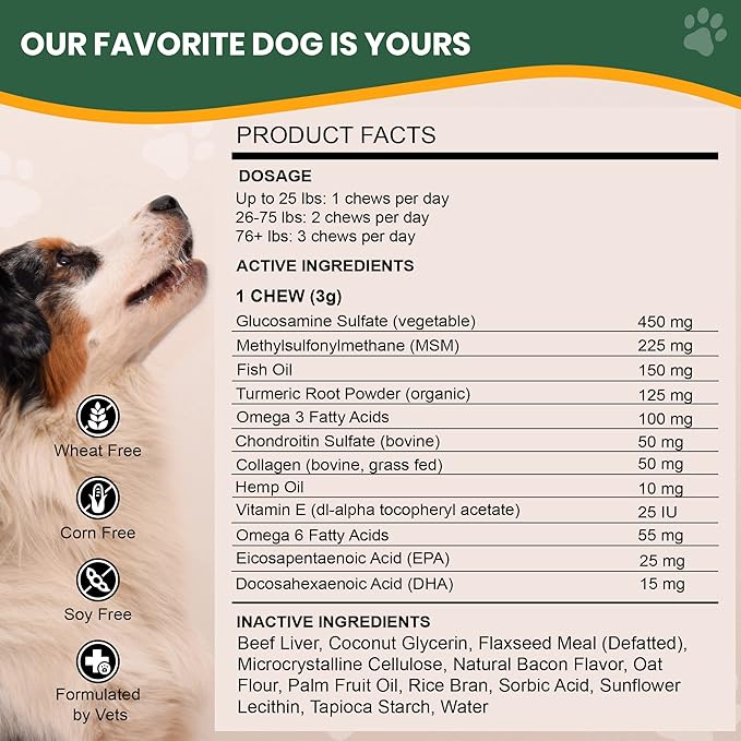 Vet Naturals Hemp & HIPS - Dog Joint Supplement Large Breed - Senior Dog Supplements - Glucosamine and Chondroitin Supplement - MSM & USA Grown Hemp Oil (60ct-Beef and Bacon)