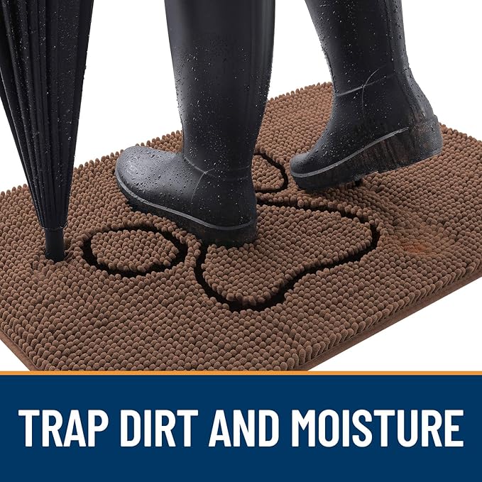 OLANLY Door Mat for Muddy Dog Paws 36x24, Ultra Absorbent Chenille Mud Doormat with Paw Print Design, Non-Slip Washable Doormat for Indoor Entryway, Quick-Dry Pet Bed Mats for Dirty Dogs, Mocha