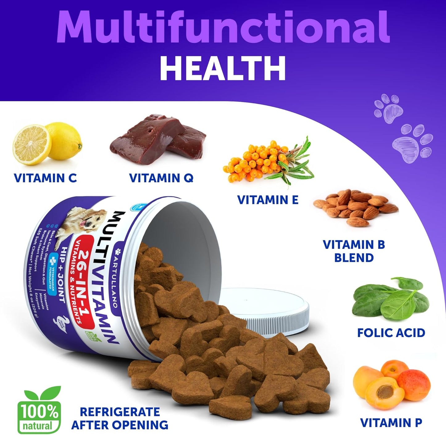 Dog Multivitamin Chewable with Glucosamine 26 in 1 - Dog Vitamins and Supplements - Senior & Puppy Multivitamin for Dogs - Pet Joint Support Health - Immunity, Mobility, Gut Skin - 120 Chews