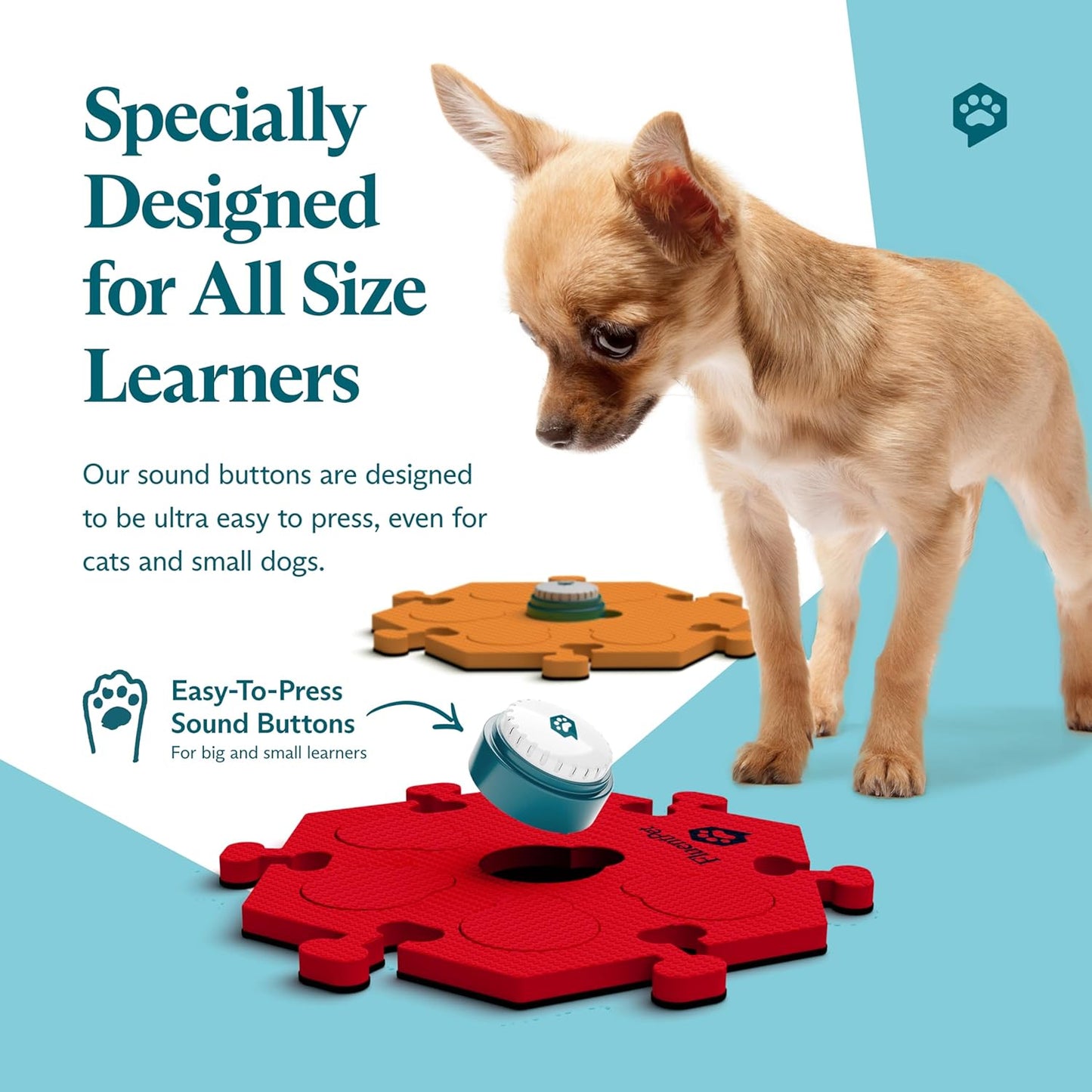 FluentPet Speak Up! Get Started Kit with Clearer Upward-Facing Sound | 6 Recordable Buttons w/Pre-Installed Batteries & 3 HexTile Button Mats | Training Dog & Cat Communication Buttons