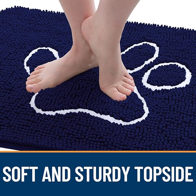 OLANLY Door Mat for Muddy Dog Paws 59x24, Ultra Absorbent Chenille Mud Doormat with Paw Print Design, Non-Slip Washable Doormat for Indoor Entryway, Quick-Dry Pet Bed Mats for Dirty Dogs, Navy Blue
