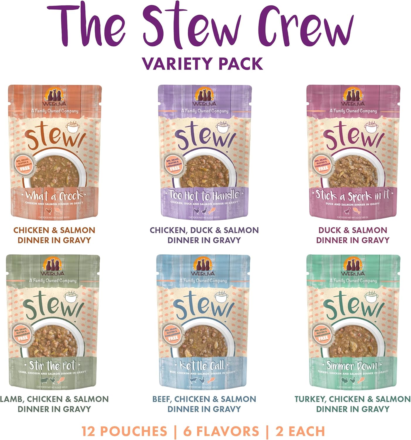 Weruva Classic Stew Cat Food, The Stew Crew Variety Pack, 3oz Pouch (Pack of 12)