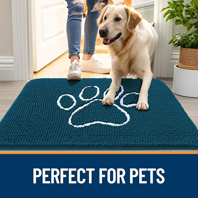 OLANLY Door Mat for Muddy Dog Paws 24x16, Absorbent Chenille Mud Doormat with Paw Print Design, Non-Slip Washable Doormat for Indoor Entryway, Quick-Dry Pet Bed Mats for Dirty Dogs, Atlantic Blue