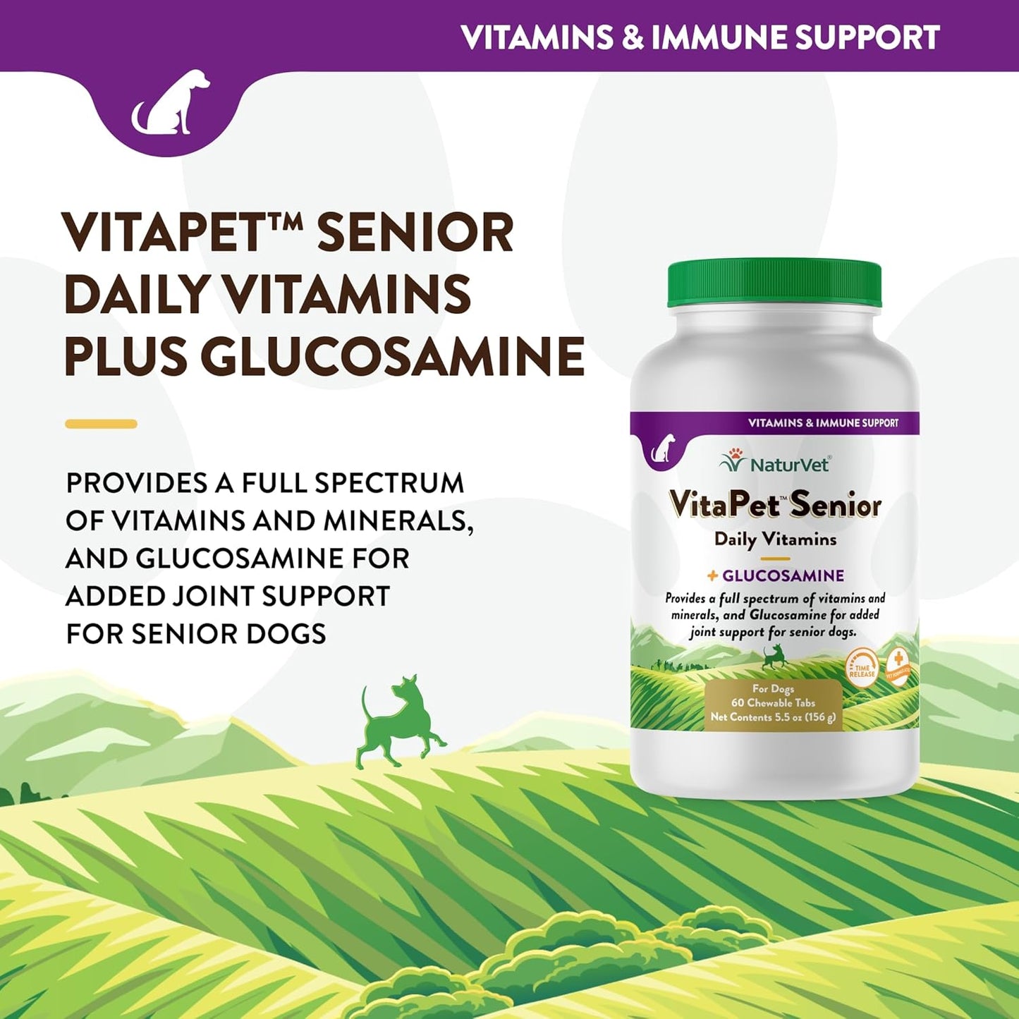 NaturVet –VitaPet Senior Daily Vitamins for Senior Dogs – Plus Glucosamine – Full Spectrum of Vitamins & Minerals – Enhanced with Glucosamine for Added Joint Support – 60 Time Release Tablets