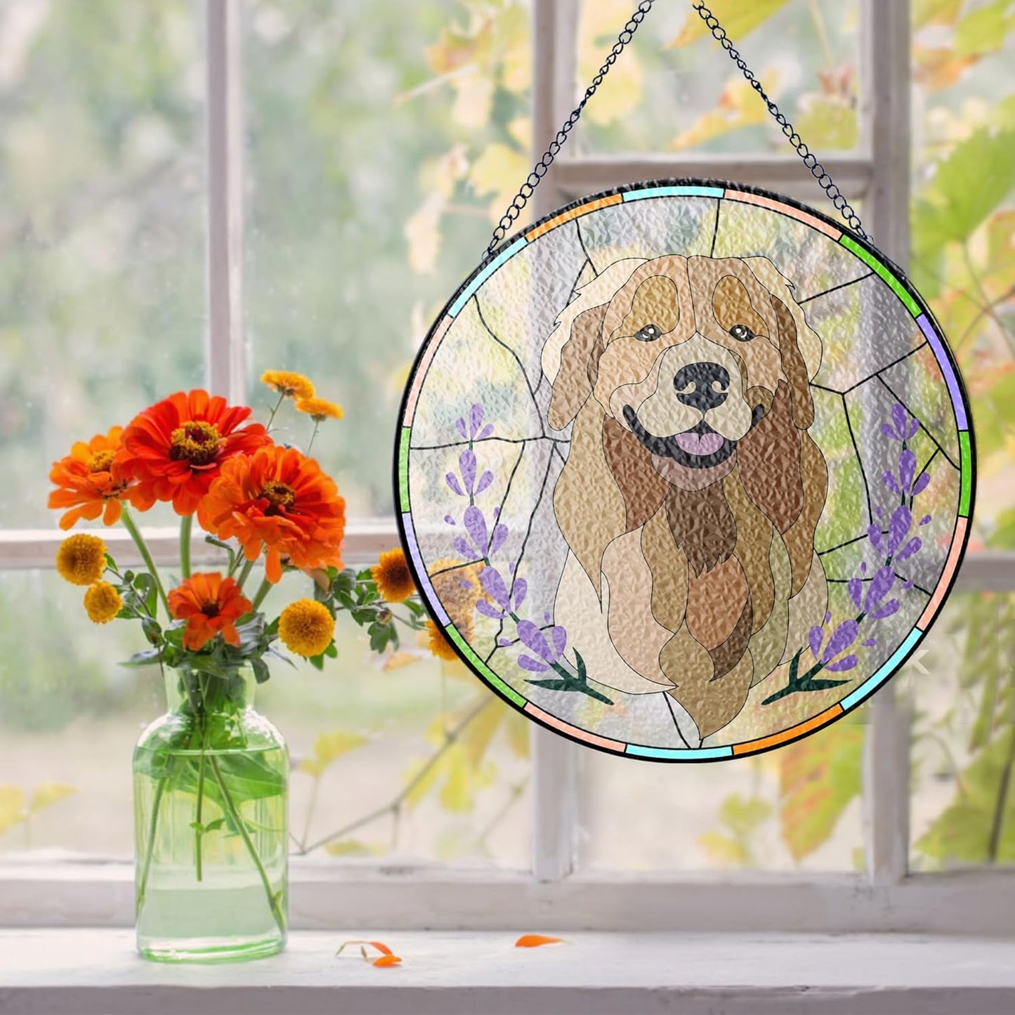 Lovely POD Custom Pet Portrait Stained Glass Suncatcher, Personalized Dog Photo Memorial Ornament Window Hanging, Remembrance Sympathy Gift for Loss of Fur, Bereavement Keepsake, Home Decor