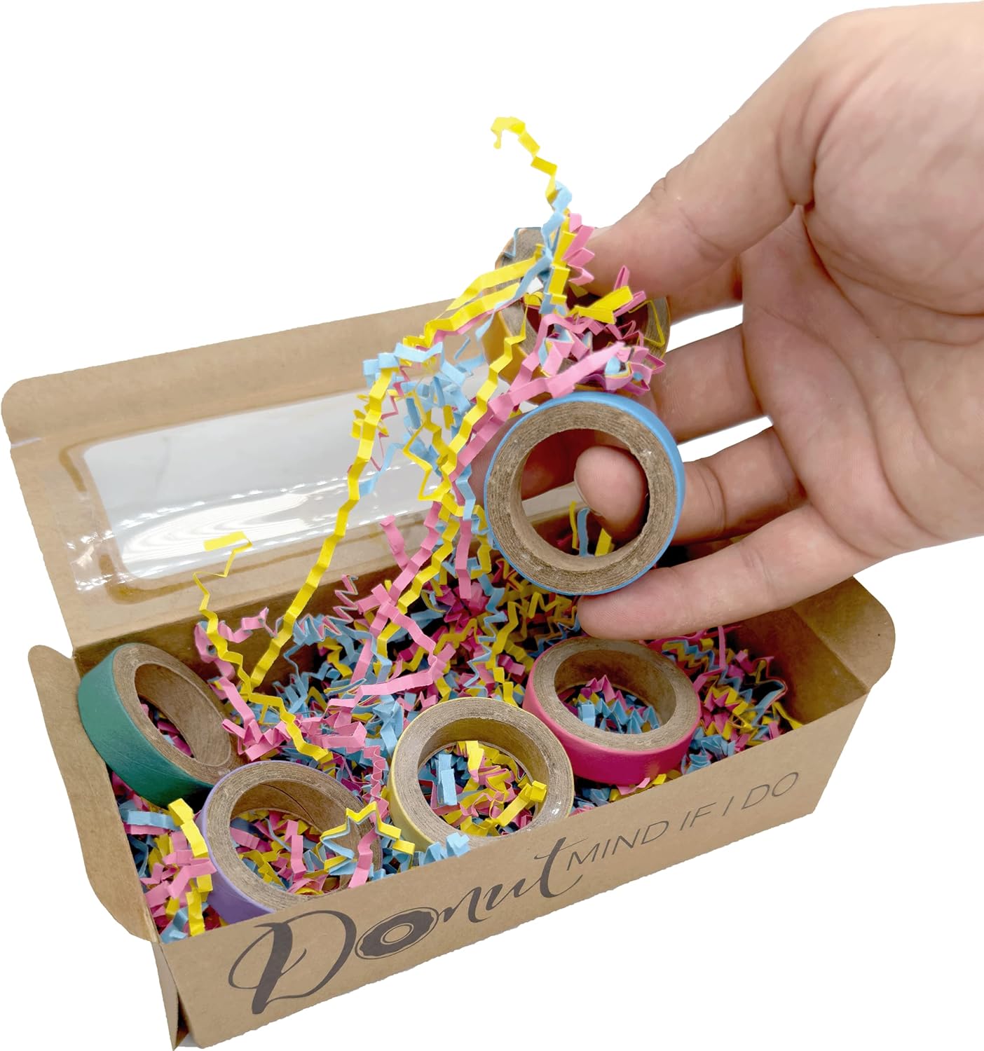 by M&M 6001 Donut Mind If I Do Beak Box - Colorful Compressed Cardboard Donuts, Brightly Colored Crinkle Paper, Delightful Real Donut Box, Delightful Bird Foraging Party
