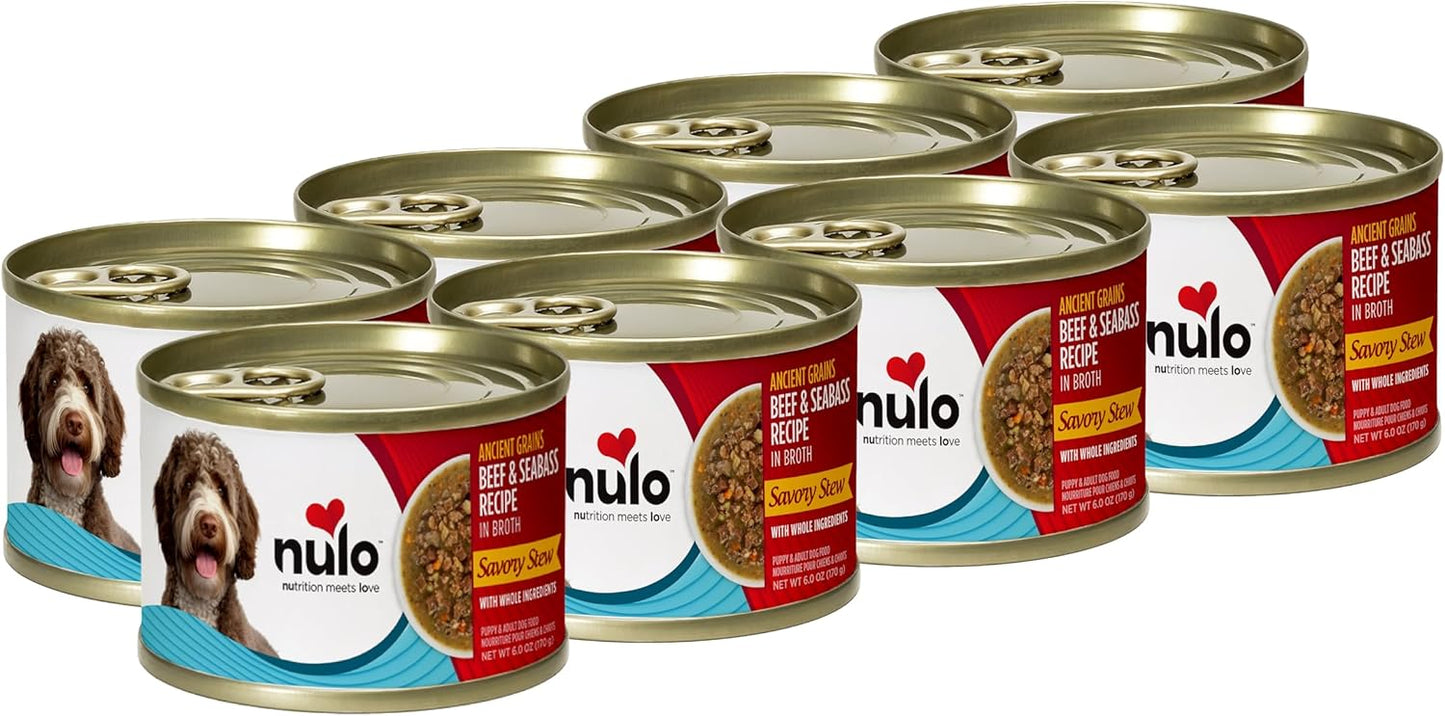 Nulo Ancient Grains Savory Stew with Whole Ingredients Puppy & Dog Food, Beef and Seabass in Broth, 6.0 Ounce, 8 Cans