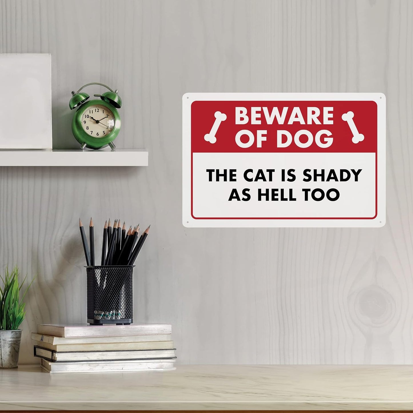 Beware of Dog, The Cat is Shady Too - Funny Cat Sign, Plastic - 8" x 12" - Perfect for Home Decor, Gift for Kitty Lovers, Warning Sign - ENVISIONED Signage