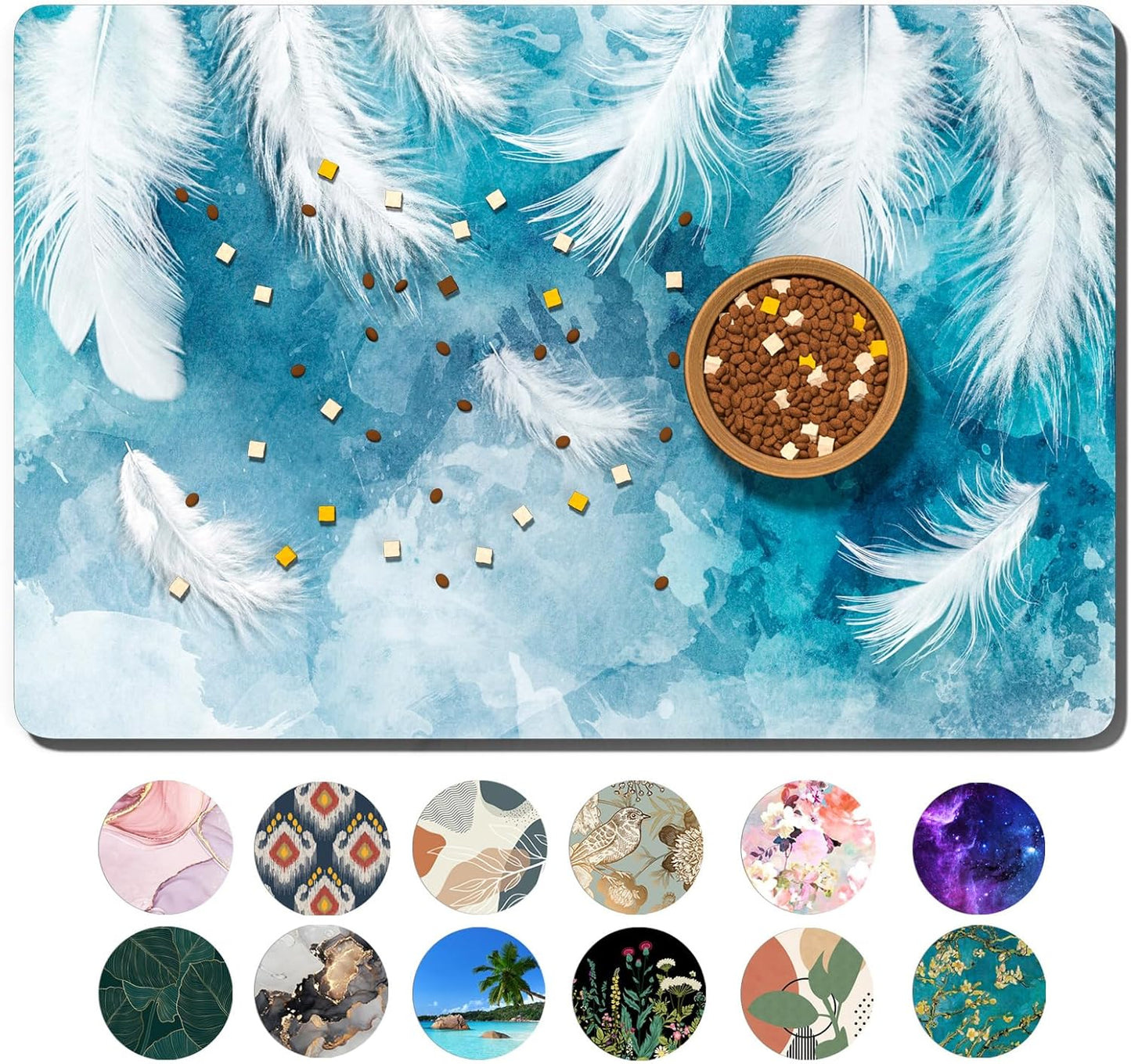 Dog Food Mat, 16" x 24" Absorbent Dog Cat Bowl Mat for Food and Water, Cute Anti-Slip Rubber Pet Feeding Rug Protect Floors, Washable Placemat for Feeding & Watering Supplies, Feather