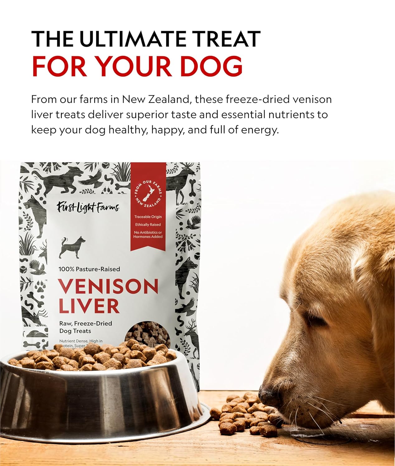 First Light Farms Freeze-Dried Venison Liver Dog Treats | 3oz Bag | 100% Single Ingredient | Free-Range, Pasture-Raised | Nutrient-Dense, High Protein