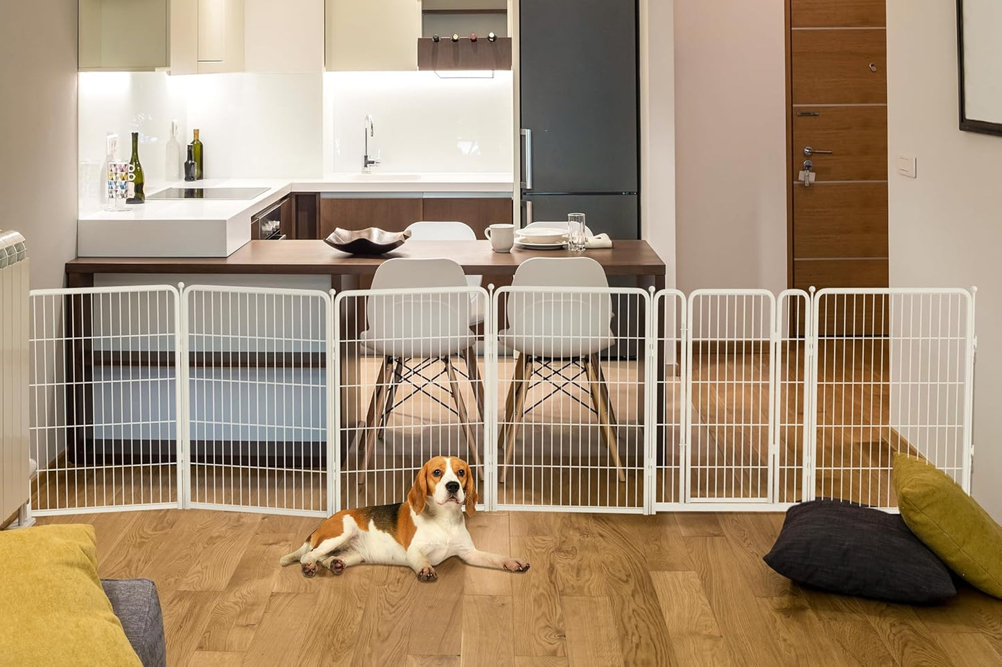 FXW Dog Gate Extra Wide Designed for Indoor Use, Adjustable Width Up to 165-inch Wide (40" H 6 Wire Panels for Medium and Large Dogs), White