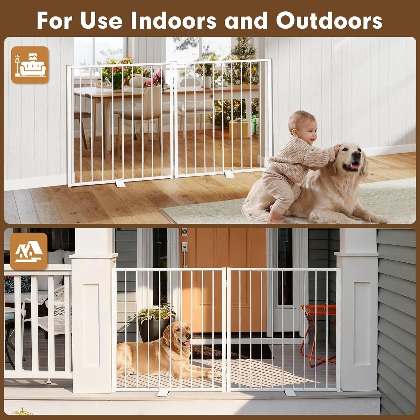 52" Dog Gate Extra Wide, Heavy Duty Metal Freestanding Dog Gate with Door for Indoor & Outdoor, Foldable Pet Fence for Stairs, Doorways,House,Porch,Deck,Yard, Auto Close(2 Panels,White)